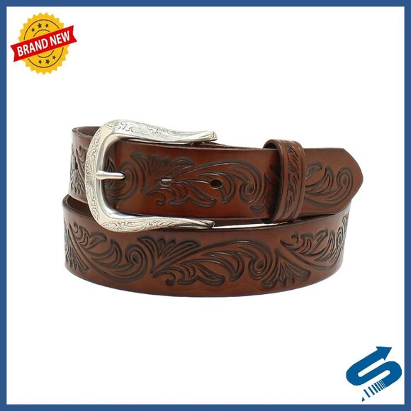 Leather Belt with Floral Embossing, Interchangeable Buckle, Sizes S-XL